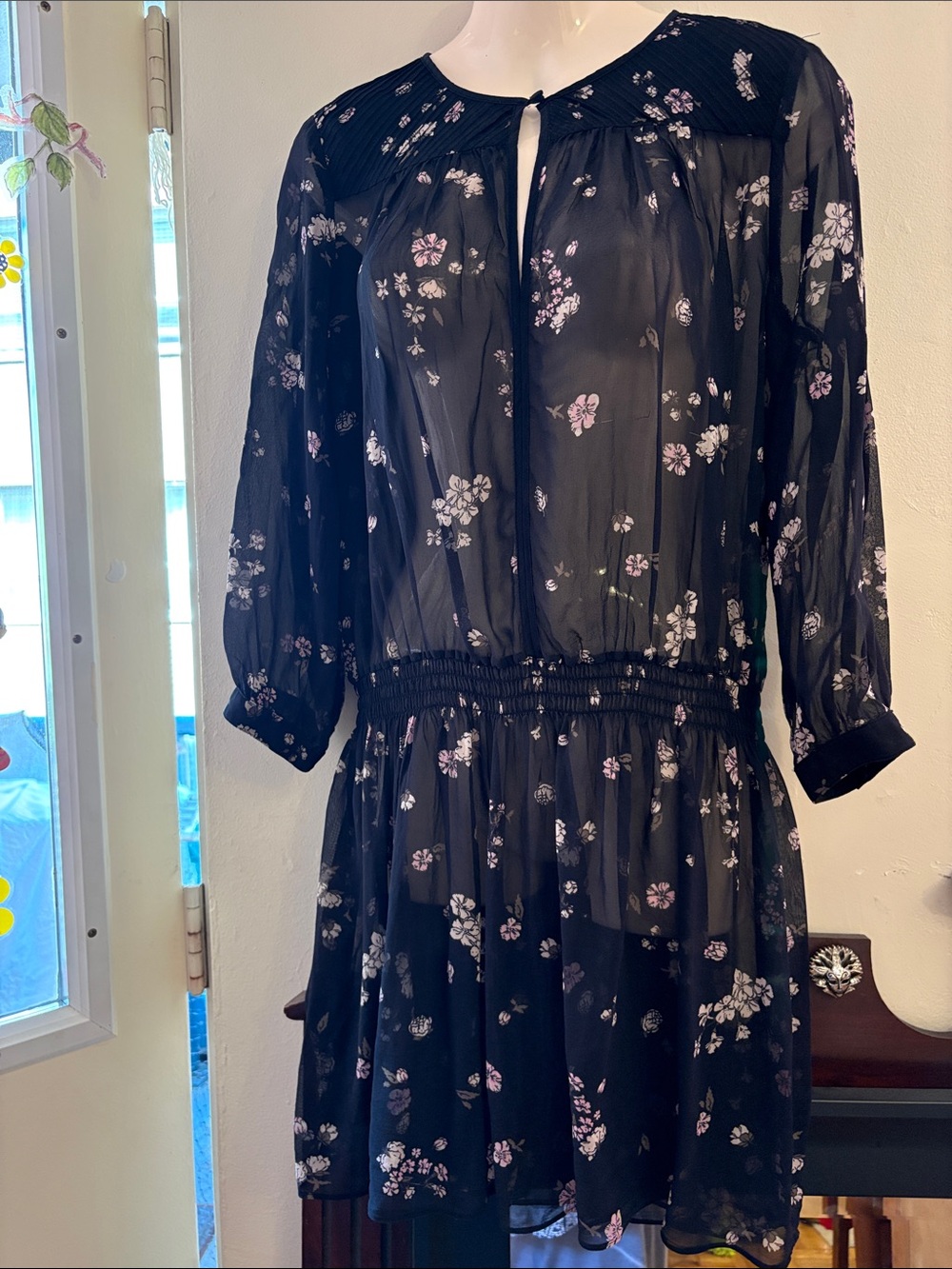Black Floral Long-Sleeve Smocked Waist Dress